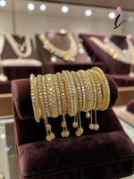Indian Pakistani Glittering Gold Bangle Jhumka Set for Women | Bollywood Inspired Traditional Bridal Bangles | Wedding, Party & Festive Wear Jewelry Collection