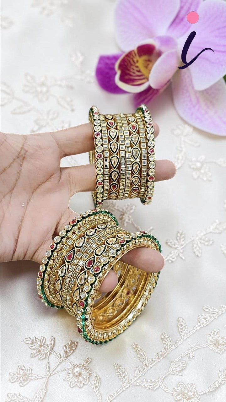 Pakiatani Kundan Teardrop Wedding Chura Kada Set for Women | Gold Plated Bridal Chura Bangles | Traditional Indian Wedding Jewellery