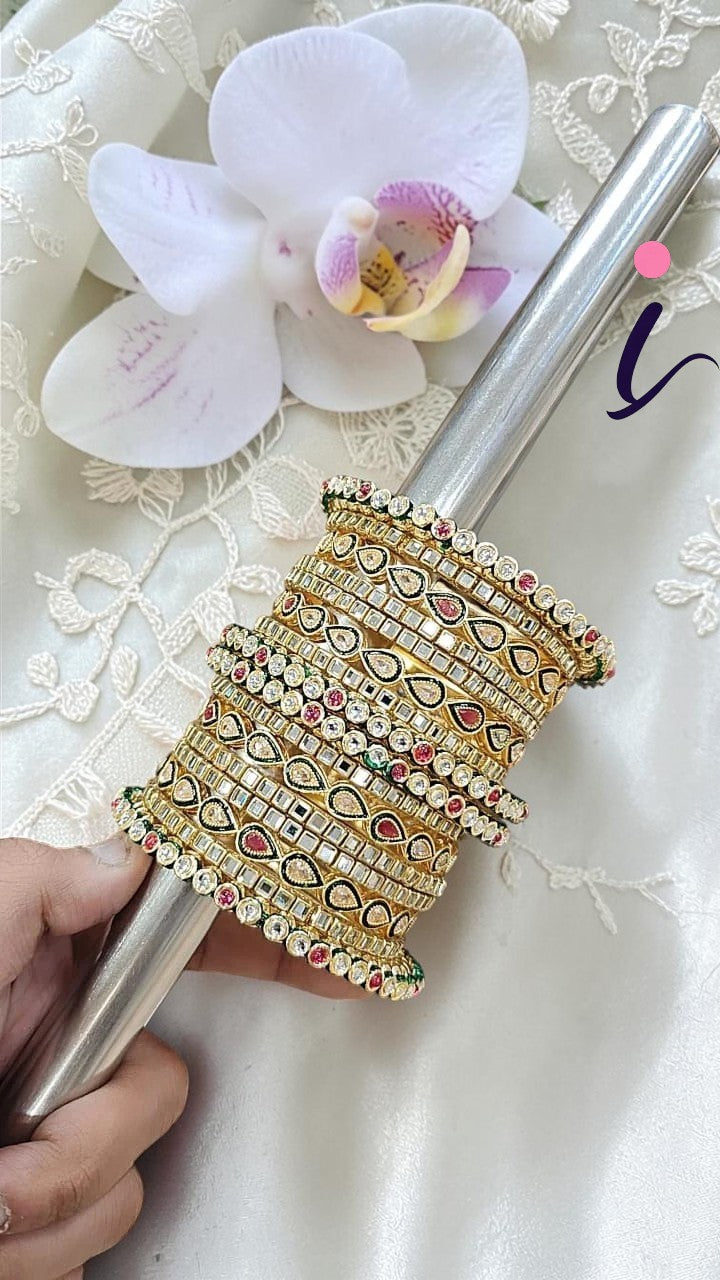 Pakiatani Kundan Teardrop Wedding Chura Kada Set for Women | Gold Plated Bridal Chura Bangles | Traditional Indian Wedding Jewellery