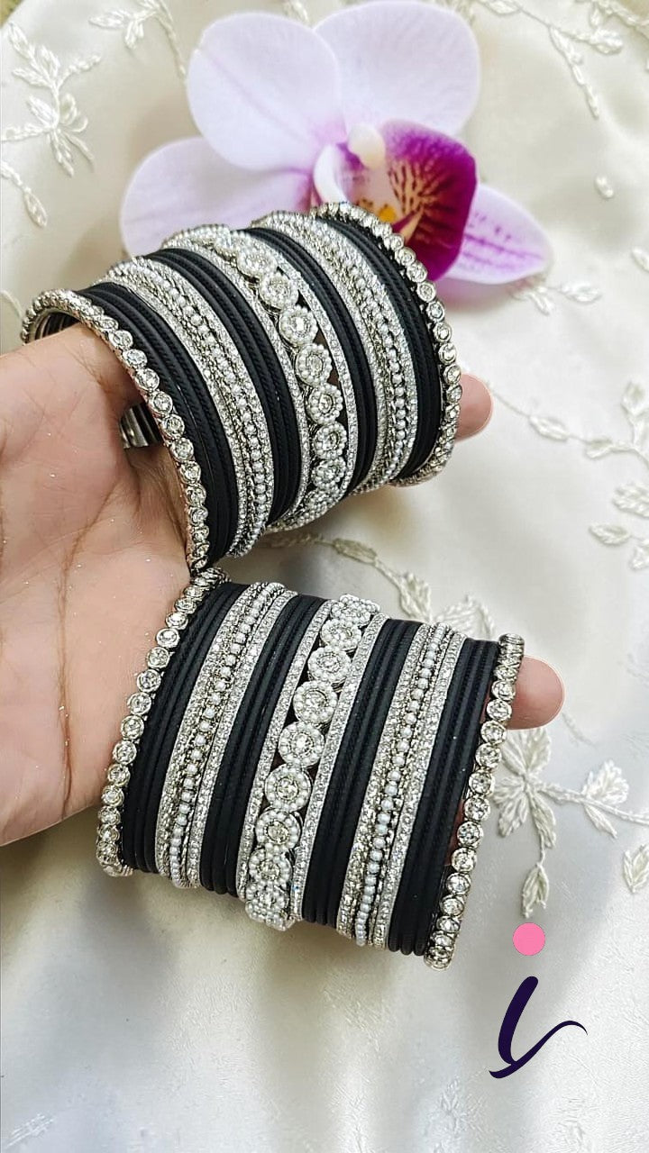 Silver Tone Jaipuri Kundan Bridal Bangle Chura Set for Wedding | Traditional Indian Wedding Jewellery for Women
