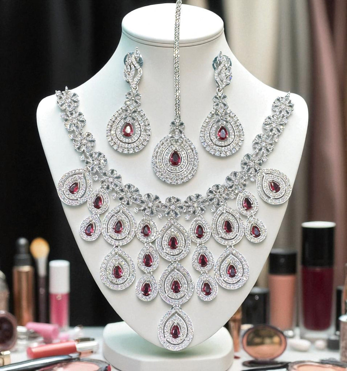 Wedding Teardrop Floral CZ Choker Earring Maangtikka Set For Women