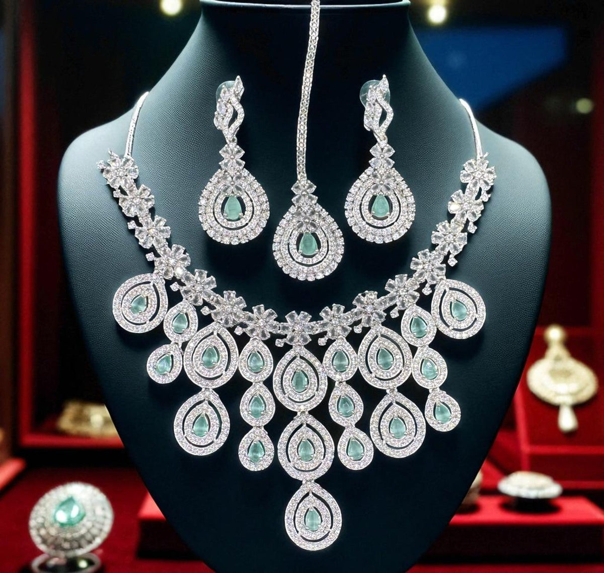 Wedding Teardrop Floral CZ Choker Earring Maangtikka Set For Women