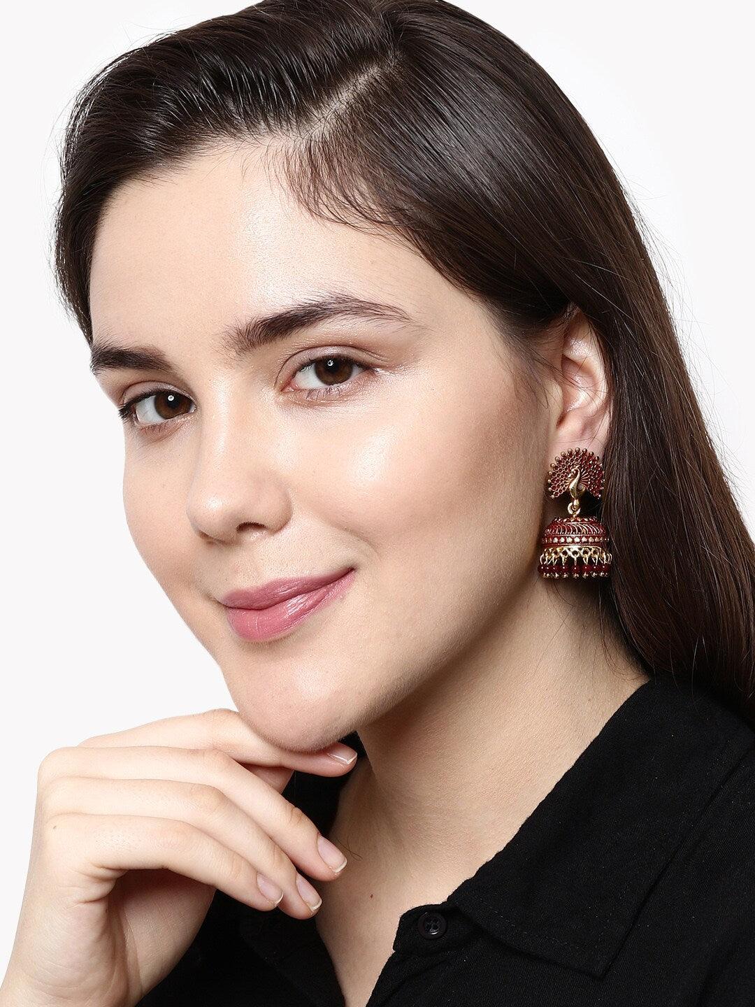 Dancing Peacock Style Maroon & Gold-Plated Enamelled Dome Shape Jhumka Jhumki Earrings for Women - Libasaa
