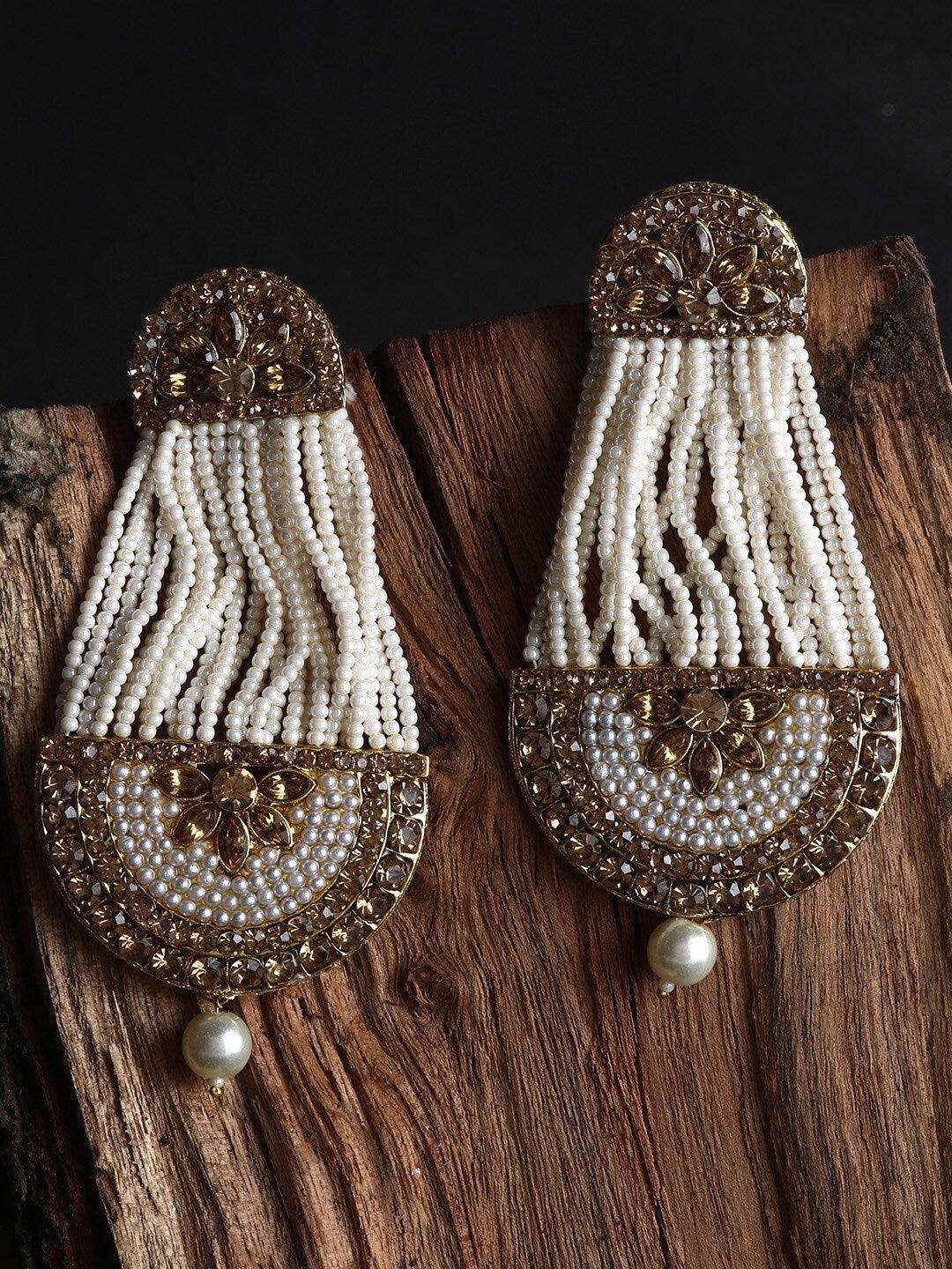 White & Gold-Plated Handcrafted Kundan Pearl Studded Multistrand Earrings For Girls and Women - Libasaa