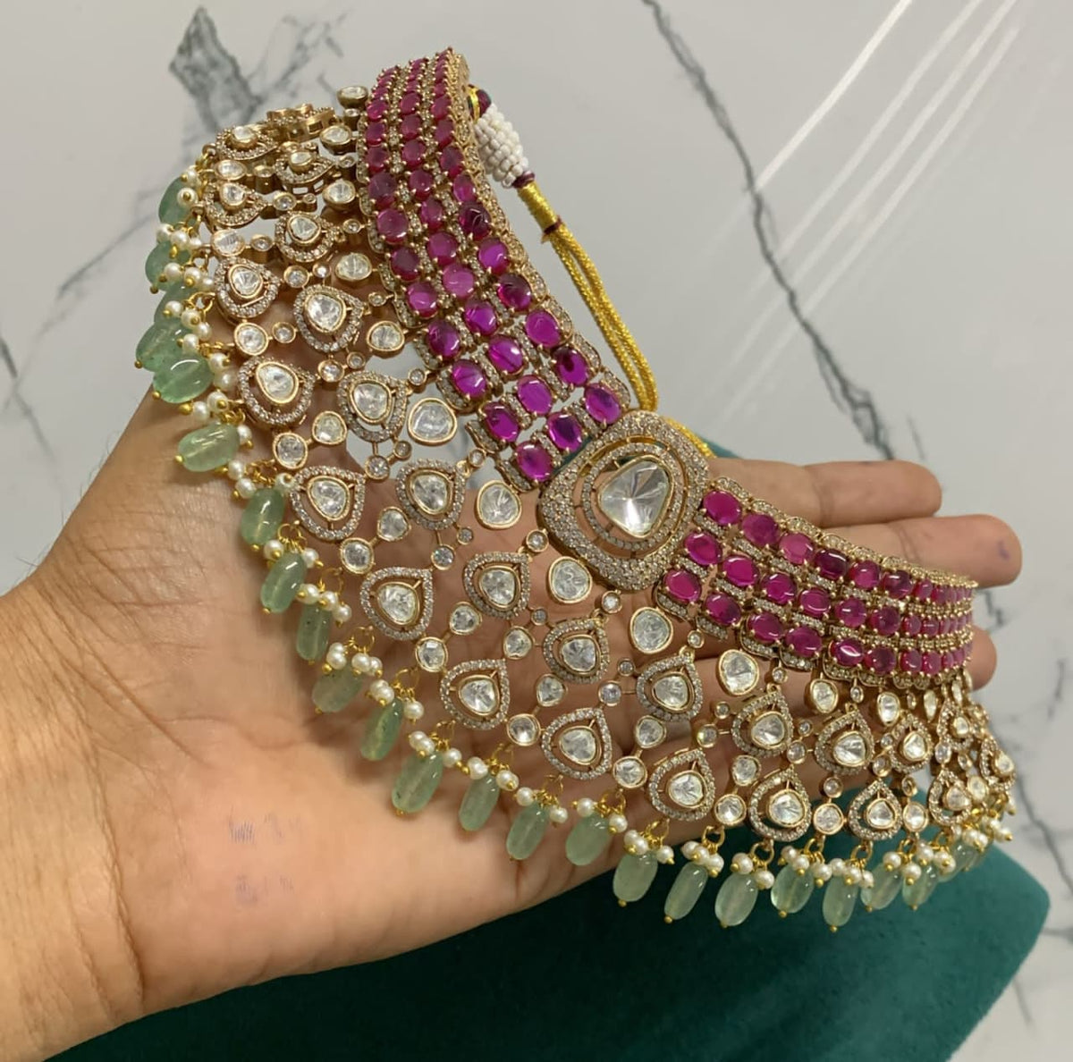 Ruby Green Kundan Choker Necklace Set with Earrings – Bridal Polki Jewelry for Weddings & Festive Wear