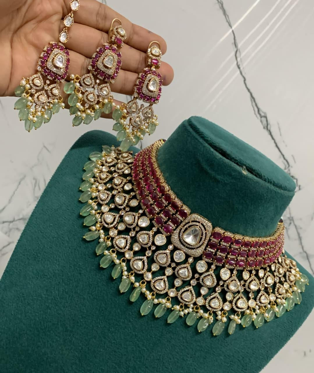Ruby Green Kundan Choker Necklace Set with Earrings – Bridal Polki Jewelry for Weddings & Festive Wear