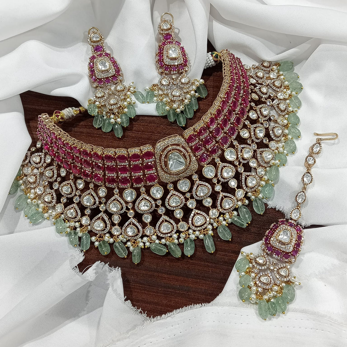 Ruby Green Kundan Choker Necklace Set with Earrings – Bridal Polki Jewelry for Weddings & Festive Wear