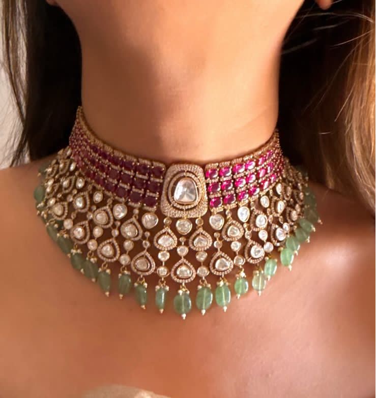 Ruby Green Kundan Choker Necklace Set with Earrings – Bridal Polki Jewelry for Weddings & Festive Wear