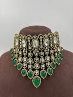 Emerald Green Kundan Choker Necklace Set with Earrings Bridal Polki Jewelry for Weddings & Festive Wear