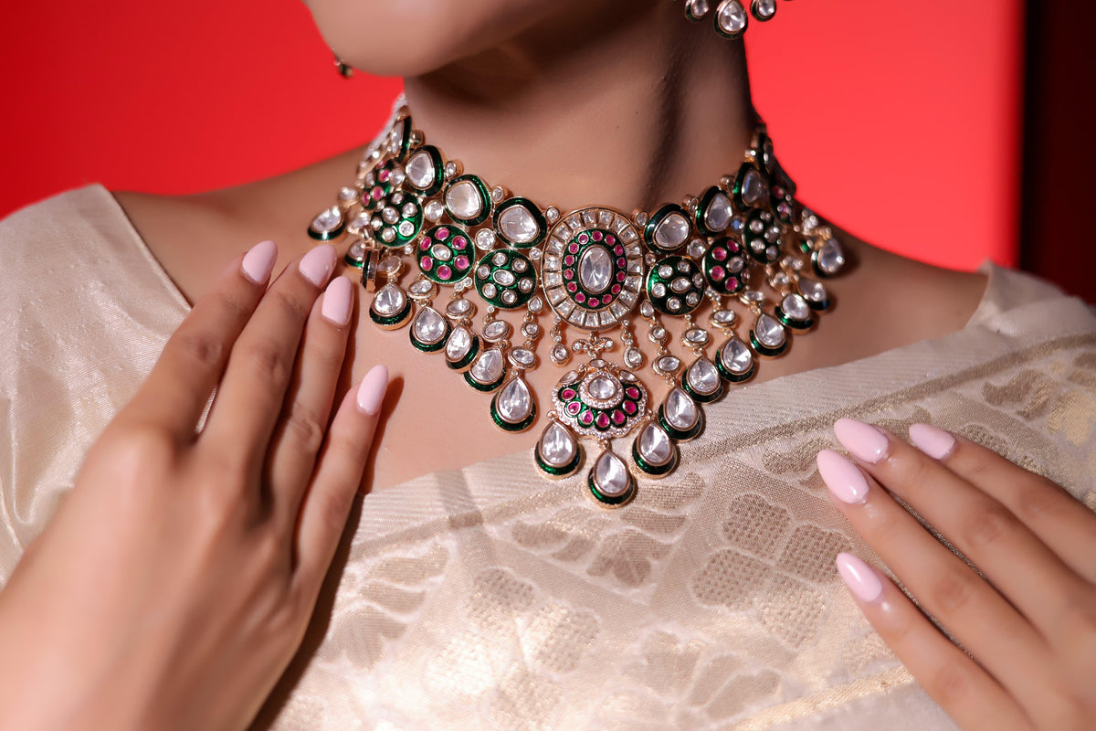 Royal Kundan Polki Bridal Necklace Set with Ruby-Green Enamel & Maang Tikka Luxury Indian Wedding Jewelry