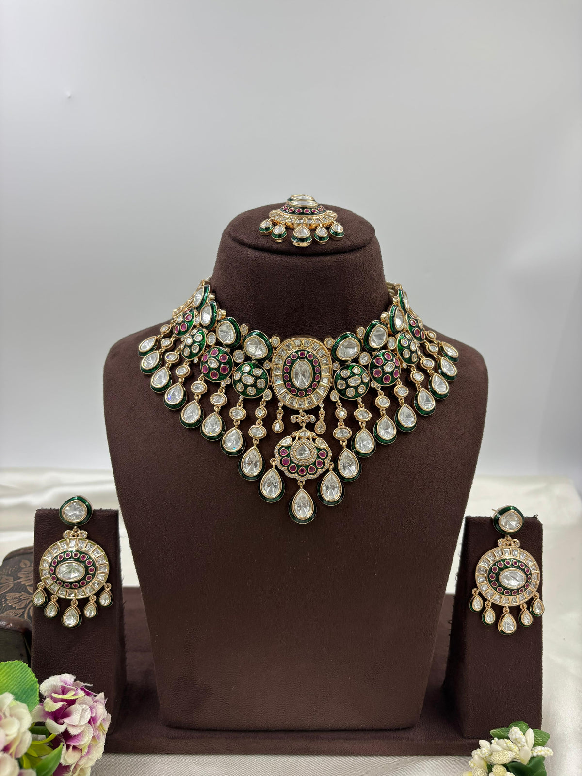 Royal Kundan Polki Bridal Necklace Set with Ruby-Green Enamel & Maang Tikka Luxury Indian Wedding Jewelry