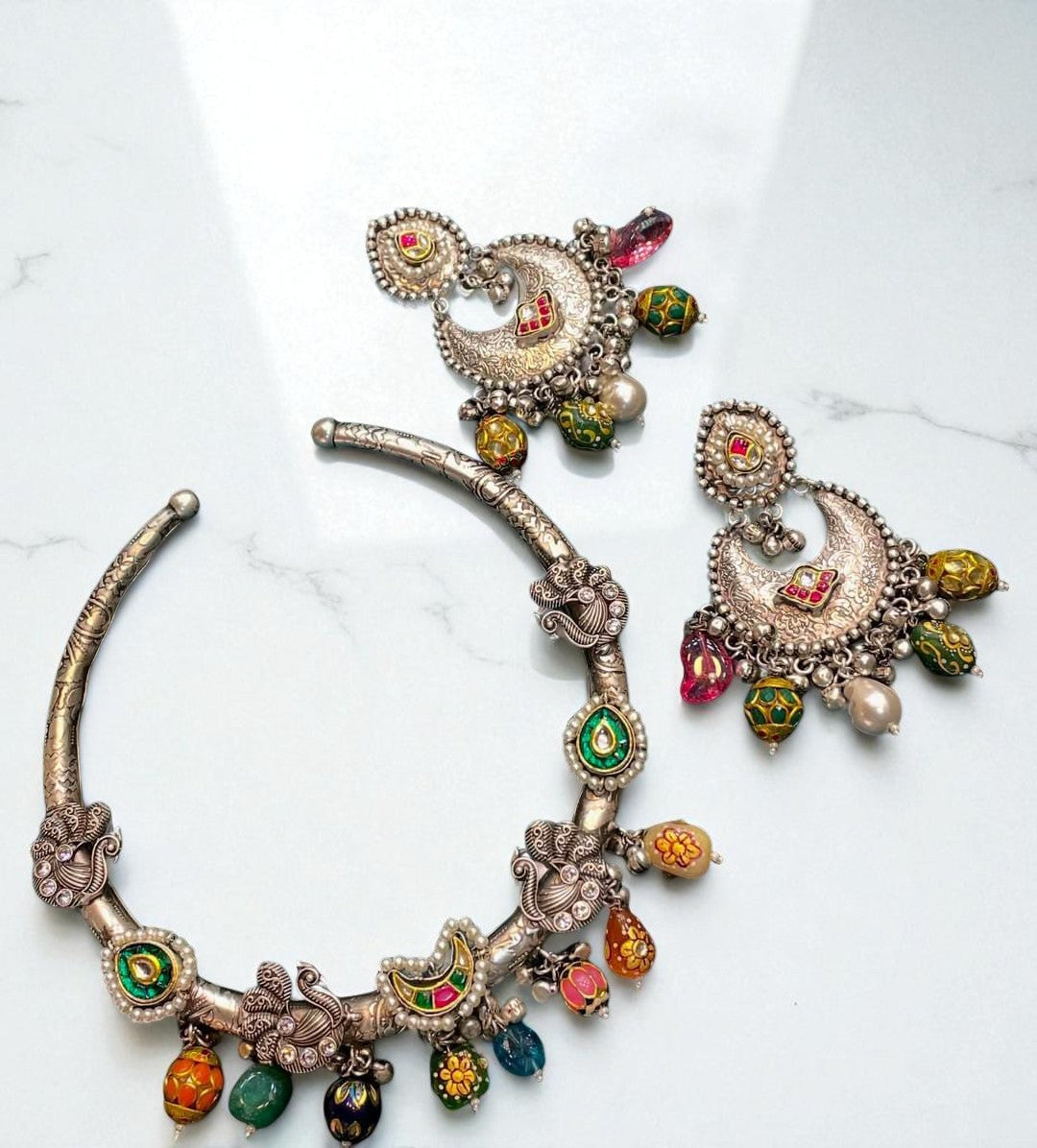 Handcrafted Oxidized Silver Necklace Set with Colorful Beads & Moon Motif Earrings