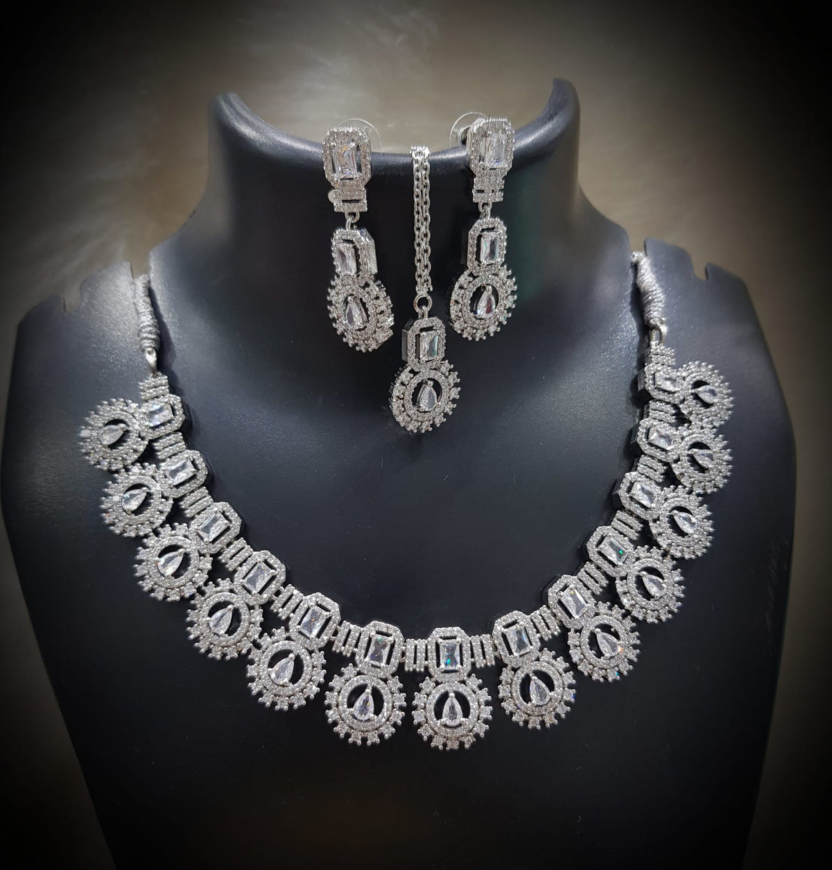 Silver-Plated Green Stone Necklace Set with Earrings & Maang Tikka | Indian Jewellery | Stone Jewellery | Indian Necklace Set