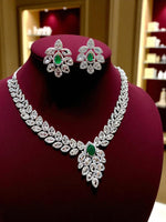 Magenta Teardrop CZ Necklace Set with Floral Earrings Silver-Toned Statement Bridal Jewelry