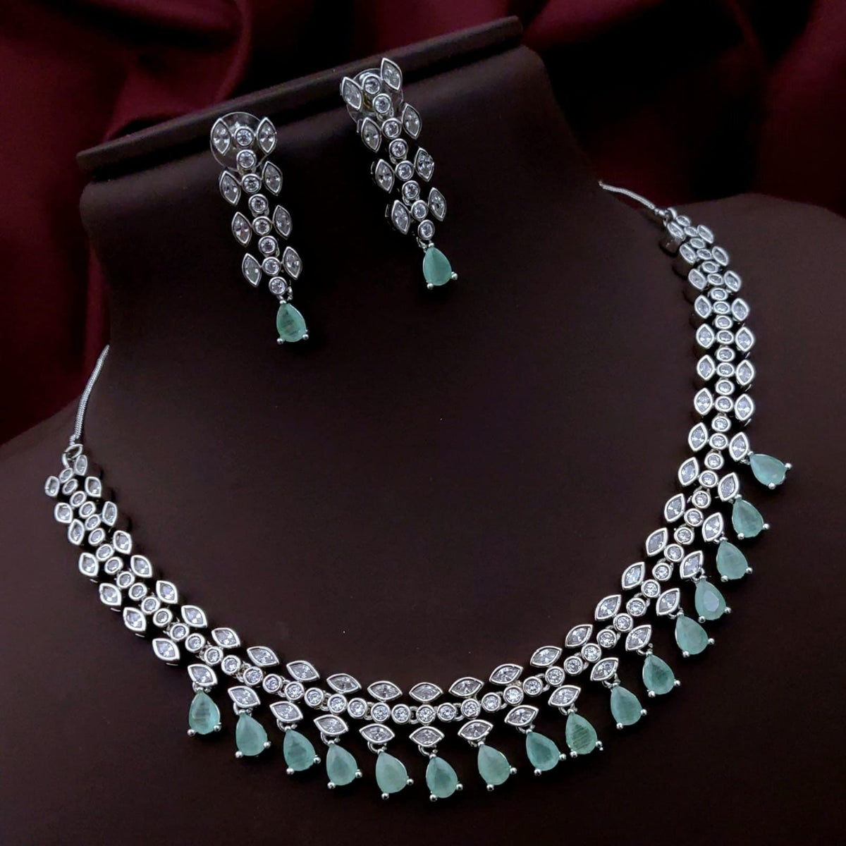 Silver-Plated Green Stone Necklace & Earrings Set | Indian Jewellery | Stone Jewellery Indian Neckles Set
