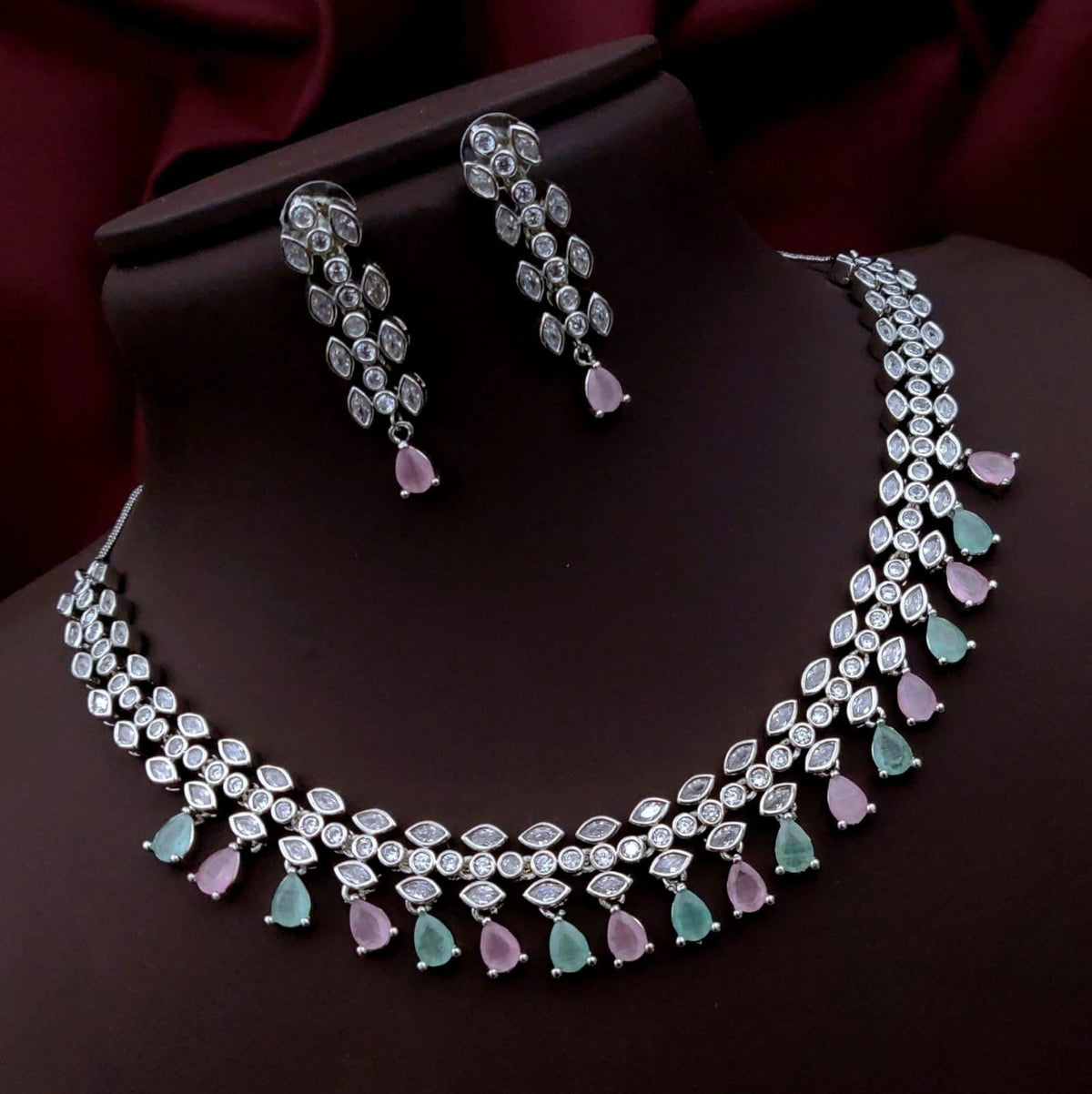 Silver-Plated Green Stone Necklace & Earrings Set | Indian Jewellery | Stone Jewellery Indian Neckles Set