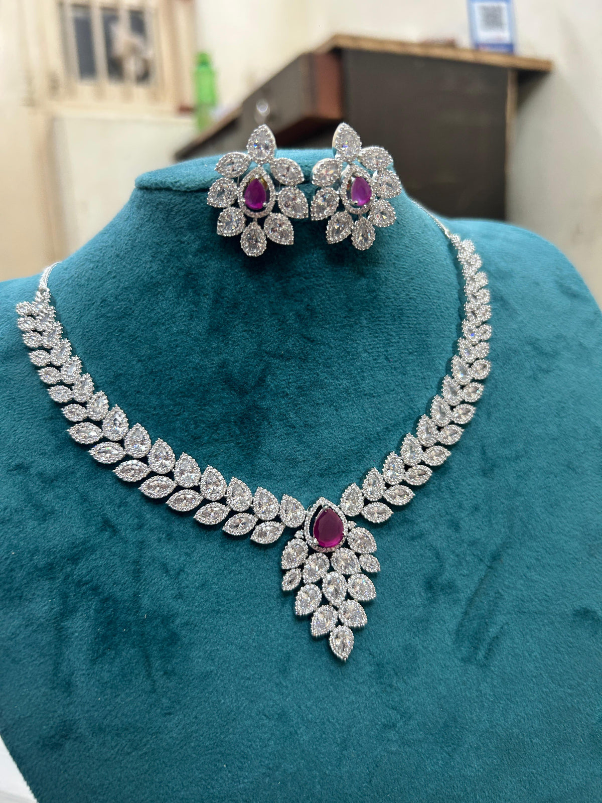 Magenta Teardrop CZ Necklace Set with Floral Earrings Silver-Toned Statement Bridal Jewelry