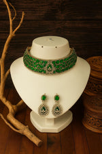 Radiant Crystal Bridal Choker Necklace with Matching Earrings | Indian Jewellery | Antique Gold Finish Indian Neckles Set