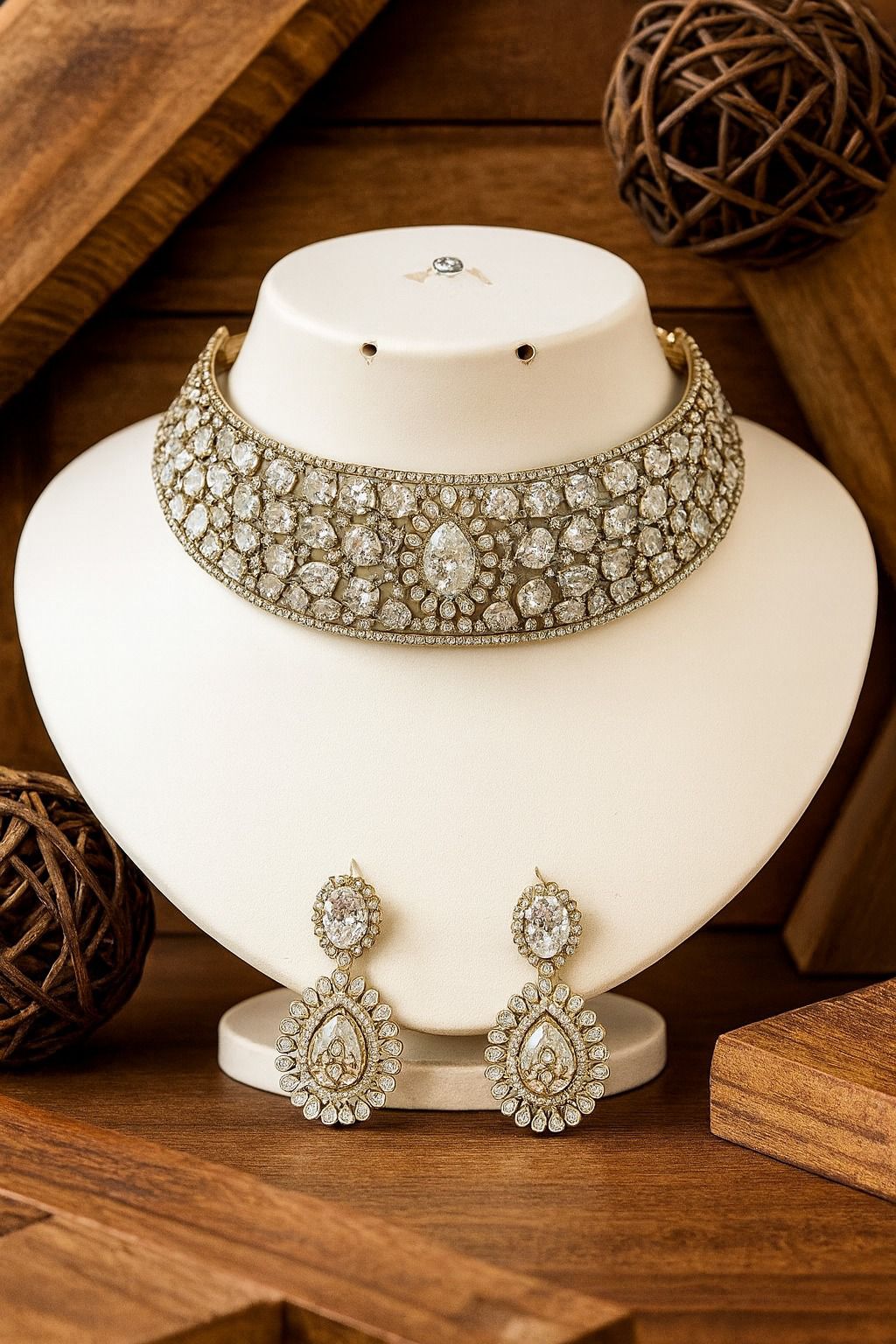 Radiant Crystal Bridal Choker Necklace with Matching Earrings | Indian Jewellery | Antique Gold Finish Indian Neckles Set