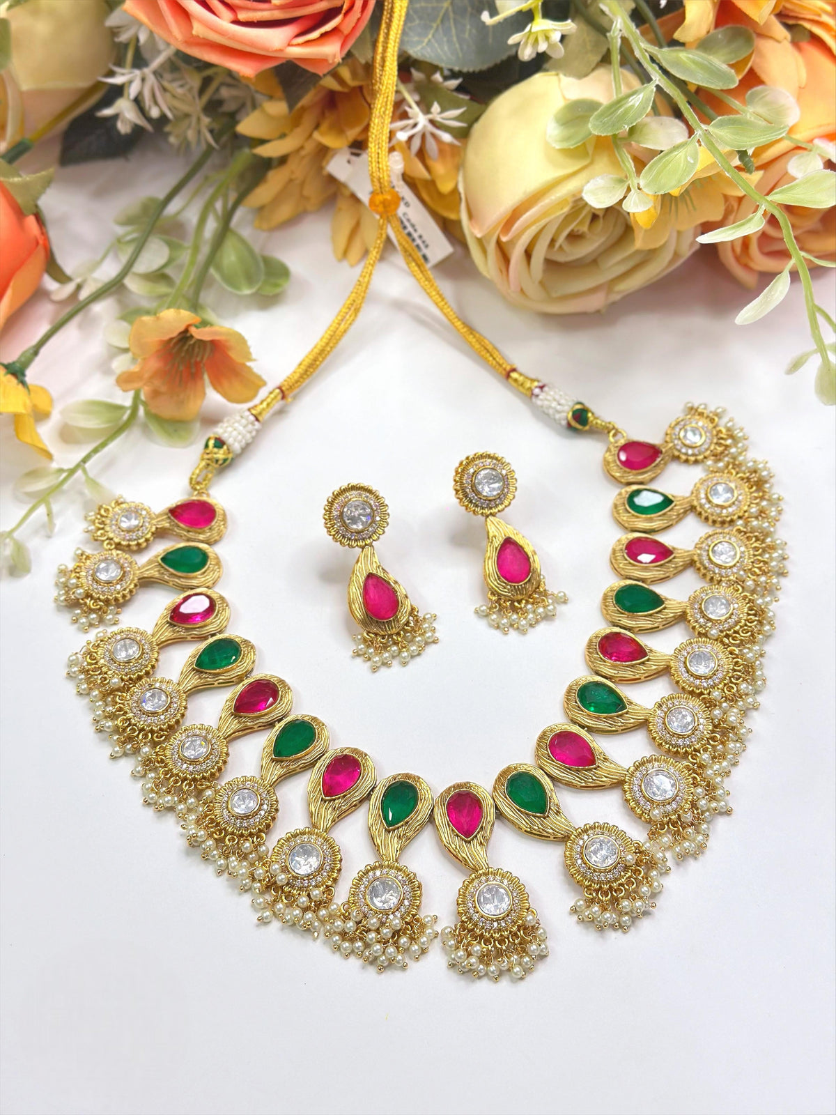 Traditional Ruby & Emerald Pearl Drop Necklace Set | Gold Finish with Matching Earrings
