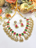 Traditional Ruby & Emerald Pearl Drop Necklace Set | Gold Finish with Matching Earrings