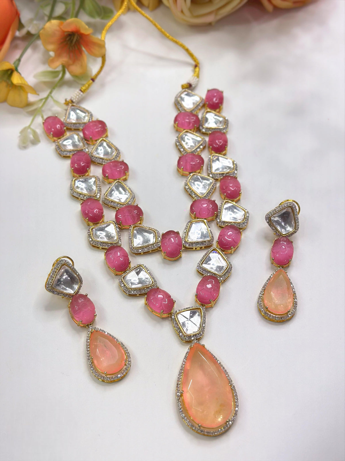 Stone Kundan Necklace Set with Matching Earrings | Stone Indian Jewellery | Traditional Indian Necklace Set