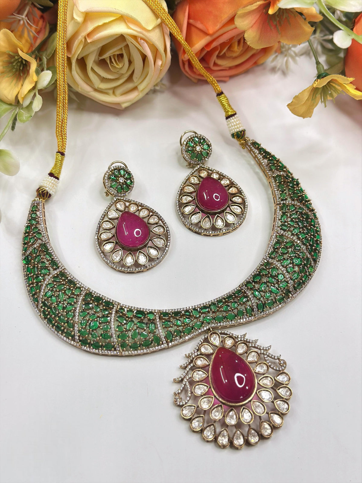 Emerald Choker Necklace Set with Pendant & Earrings | Sparkling Indian Jewellery | Elegant Indian Necklace Set