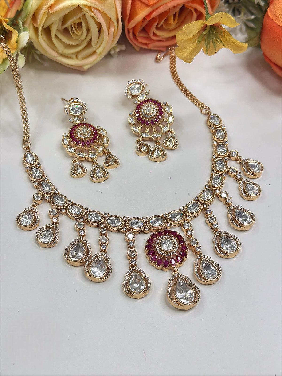 Gold-Plated Kundan Necklace Set with Earrings | Polki Stones Indian Jewellery | Traditional Indian Necklace Set