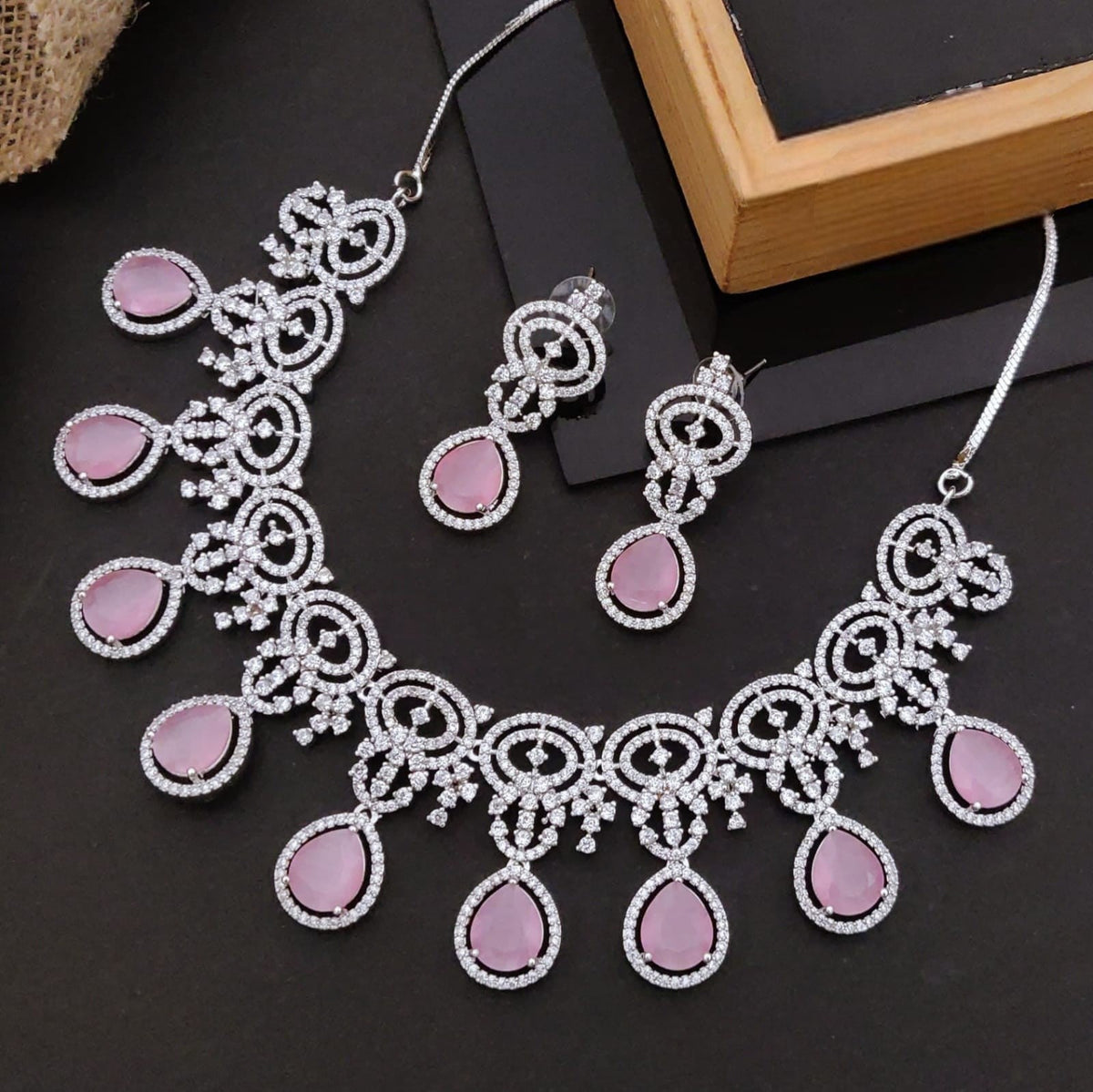 Elegant Pink Stone & CZ Diamond Necklace Set with Earrings | Bridal & Party Jewelry