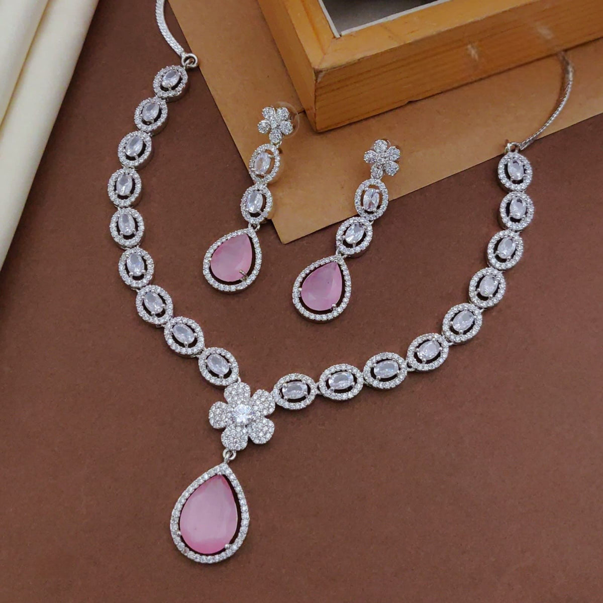 Emerald-Cut Stone Necklace Set with Earrings | Indian Jewellery | Premium CZ Diamond Jewellery Indian Neckles Set