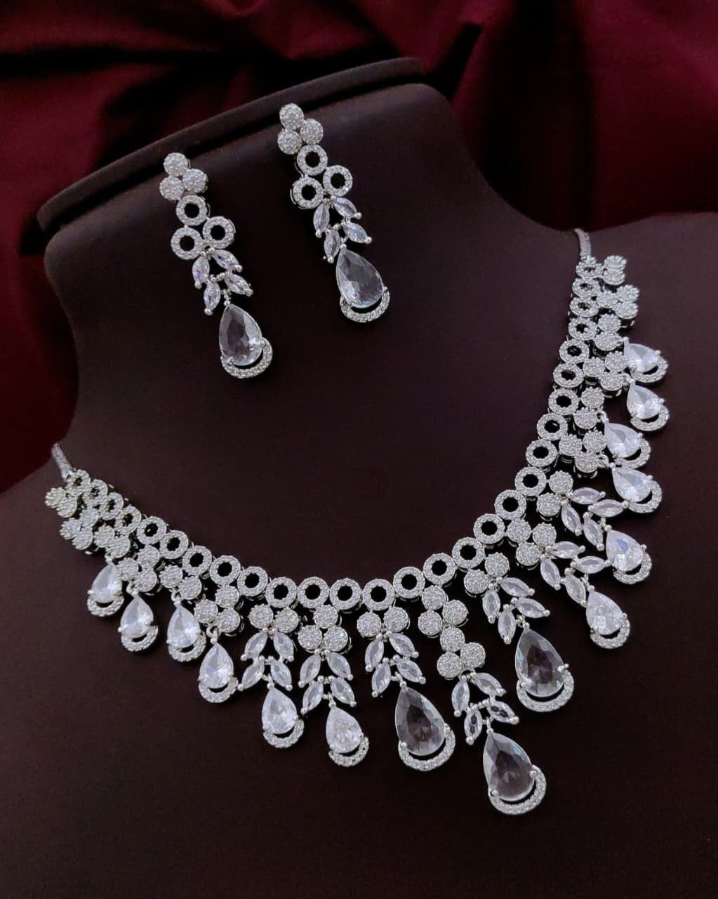 Silver-Plated Necklace Set with Earrings | Indian Jewellery | Elegant Stone Jewellery Indian Neckles Set