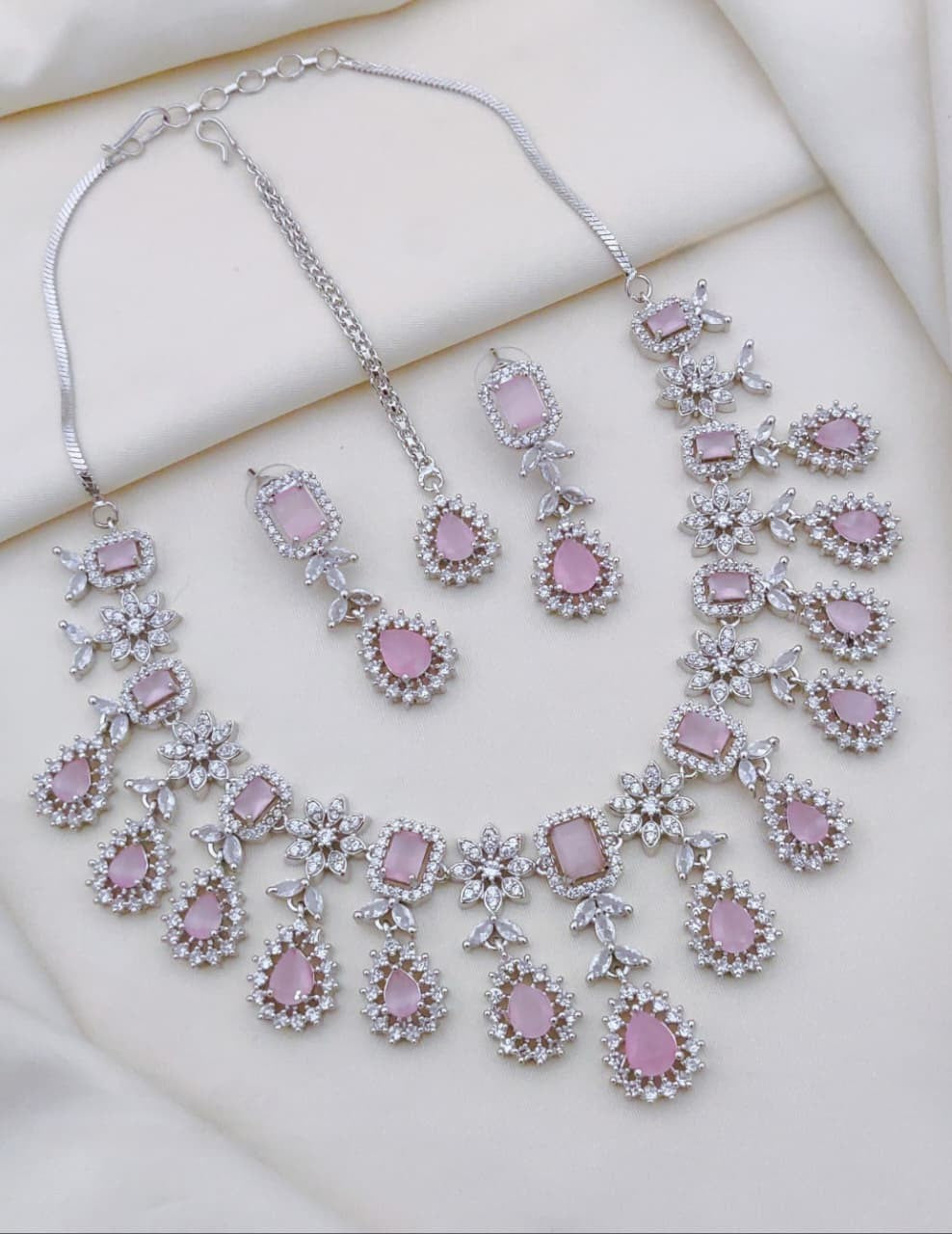 Multicolor CZ Stone Bridal Jewelry Set with Maang Tikka & Earrings | Indian Jewellery | Premium Stone Jewellery Indian Neckles Set