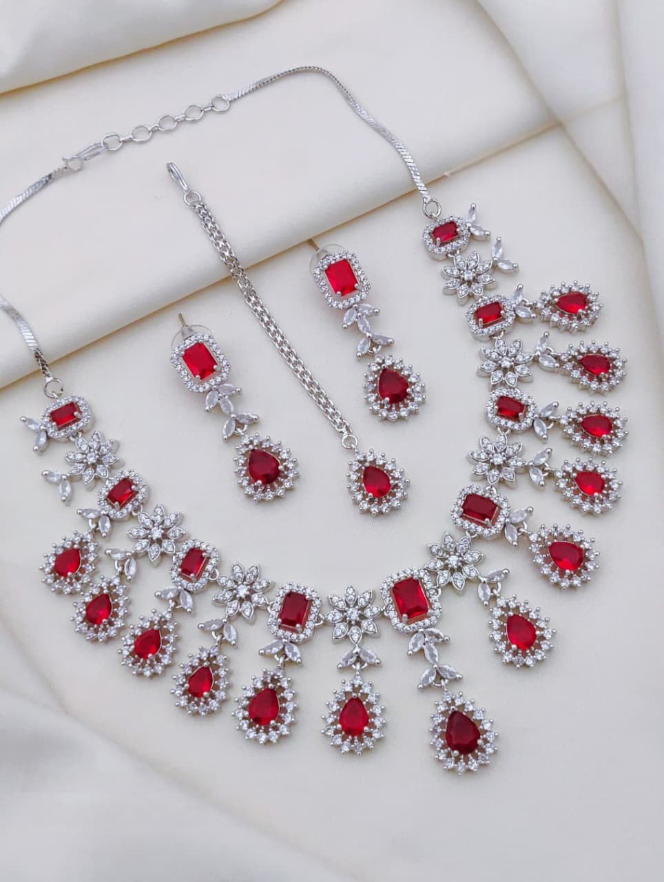 Multicolor CZ Stone Bridal Jewelry Set with Maang Tikka & Earrings | Indian Jewellery | Premium Stone Jewellery Indian Neckles Set