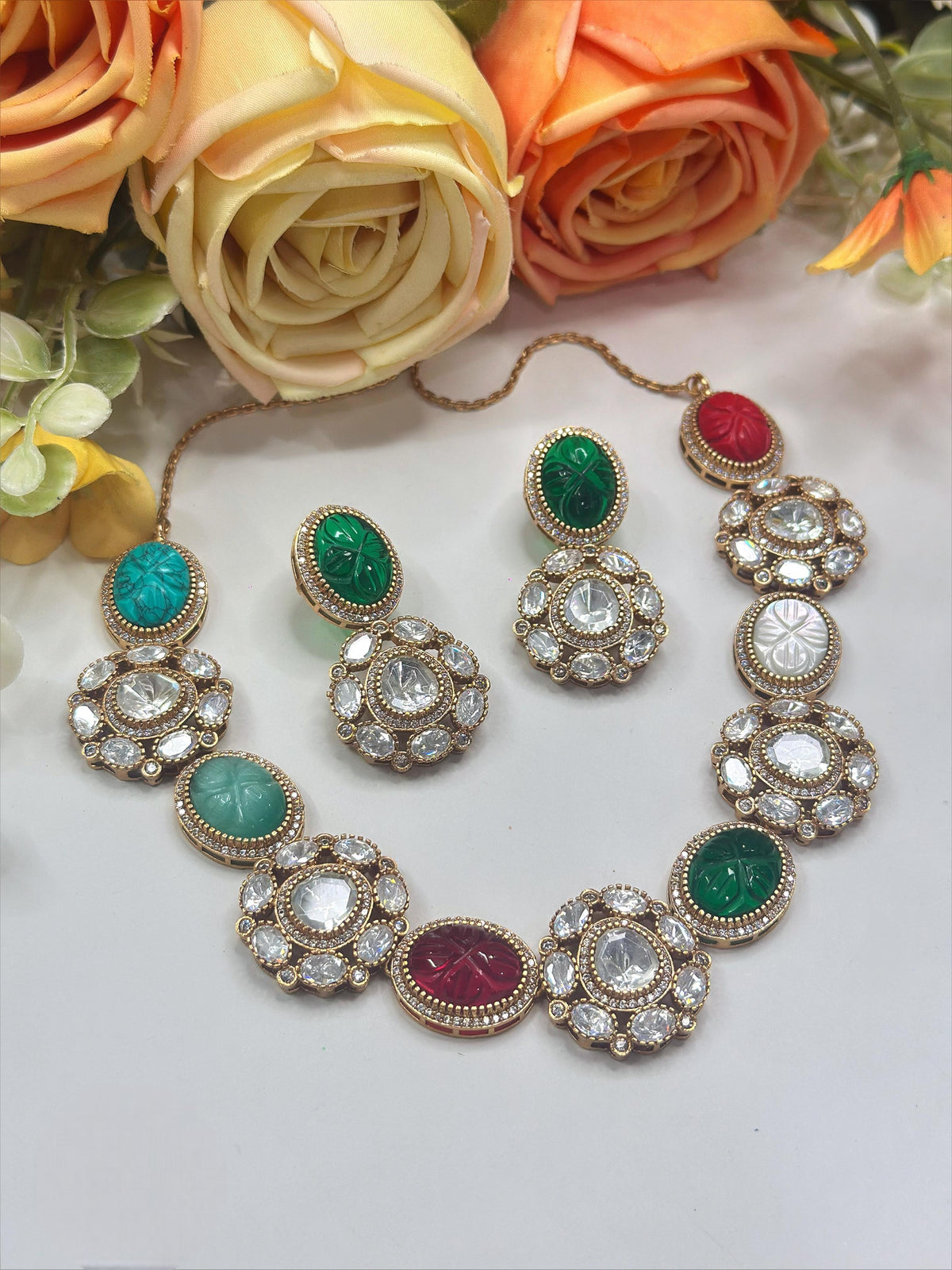 Multicolor Stone Necklace & Earrings Set | Indian Jewellery | Stone Jewellery | Indian Necklace Set