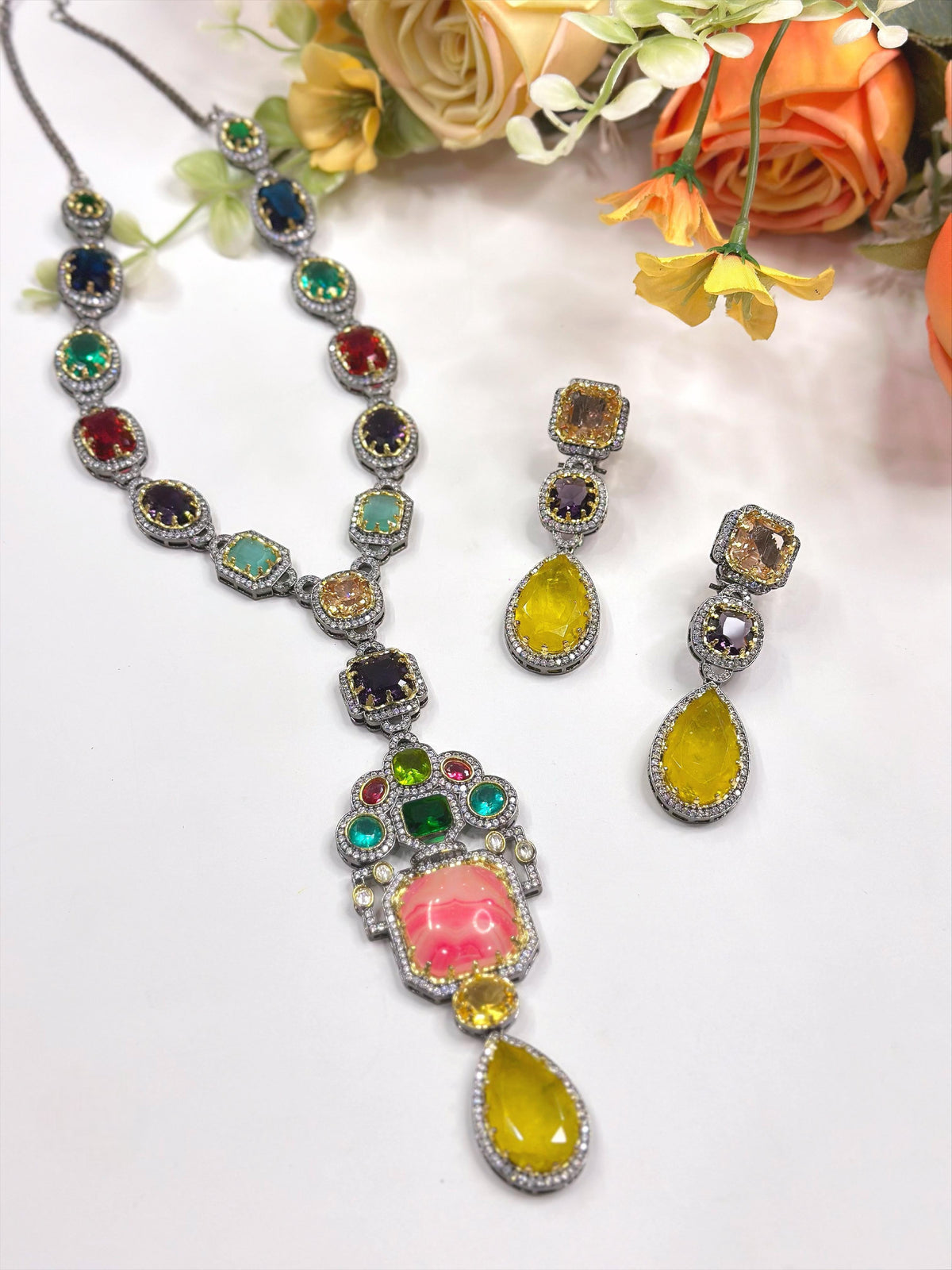 Antique Multicolor Stone Necklace Set with Earrings | Indian Jewellery | Stone Jewellery | Indian Necklace Set