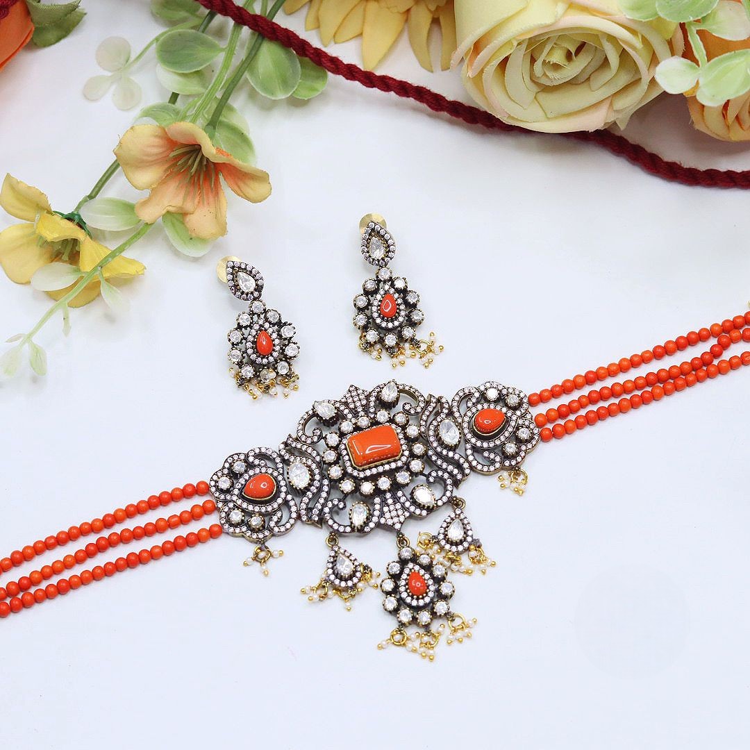 Beaded Choker Necklace Set | Indian Jewellery | Pearl Jewellery Indian Neckles Set With Matching Earrings