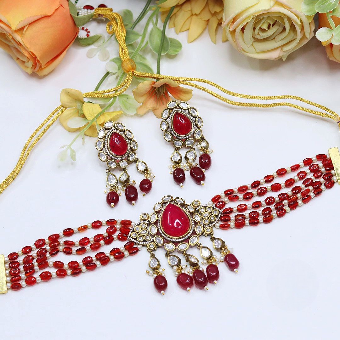 Stone Kundan Choker Necklace Set | Indian Jewellery | Stone Kundan Indian Necklace Set with Matching Earrings | Indian Jewellery for Women