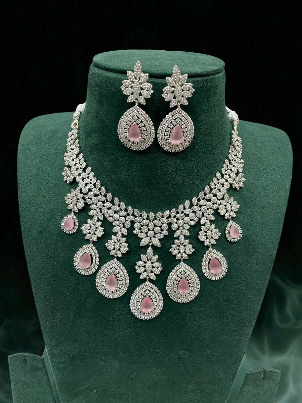 Emerald Drop CZ Bridal Necklace Set Diamond Finish Statement Jewelry