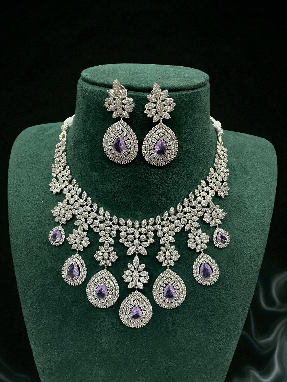 Emerald Drop CZ Bridal Necklace Set Diamond Finish Statement Jewelry