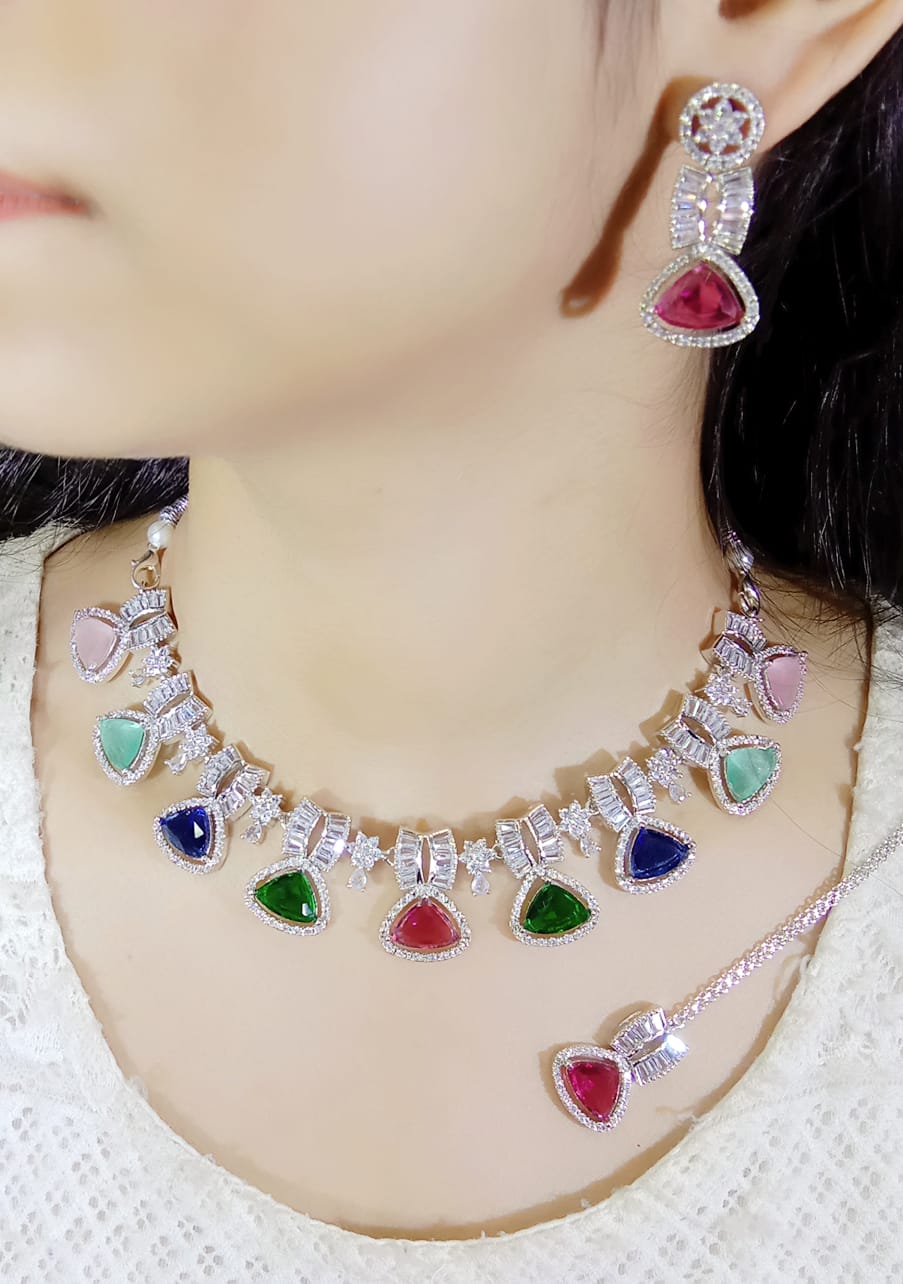 Exclusive Designer Tri-Cut Pink Stone & Zircon Necklace Set