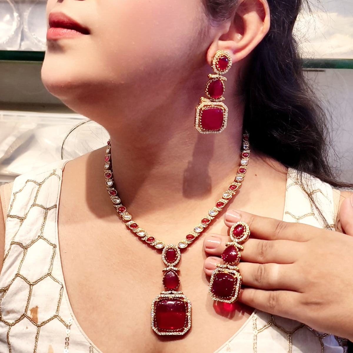 Designer Gold Tone Kundan Style Multi-Stone Party Wear Necklace Set for Women