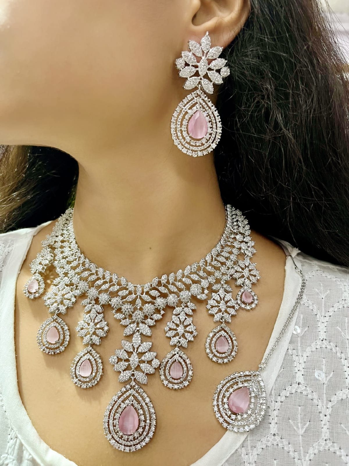 Luxury Diamond Look & Deep Purple Stone Bridal Choker Set with Maangtika