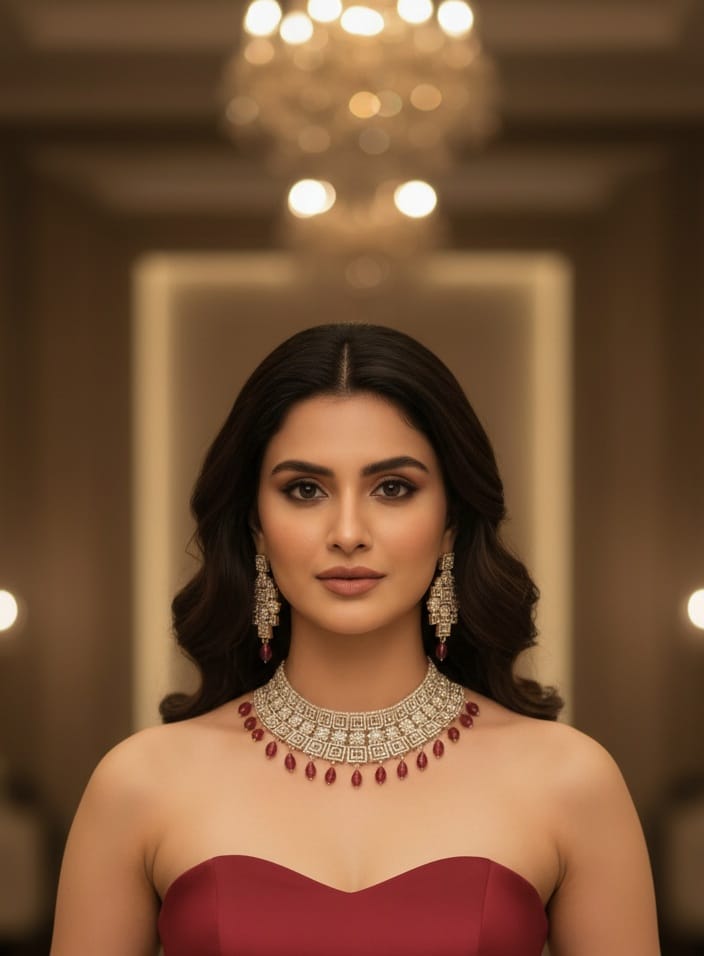 Royal Silver Choker Necklace Set with Ruby Red Stone Drops