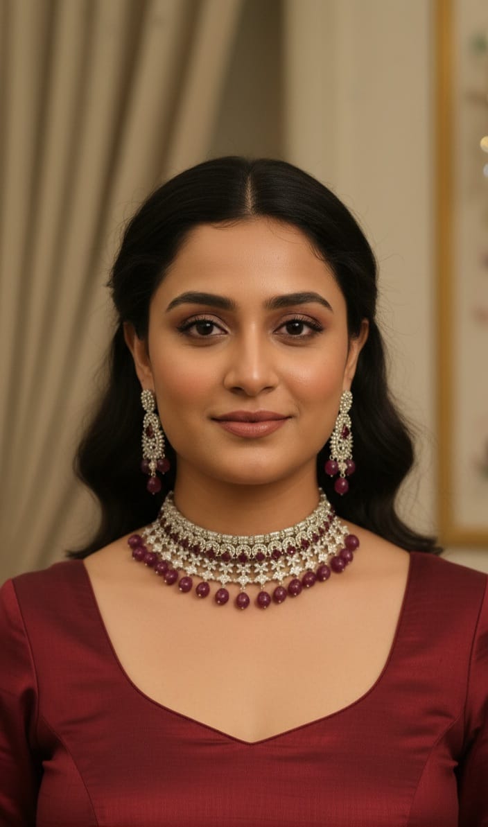 Mint Green Stone & Silver Choker Necklace Set – Elegant Designer Jewelry