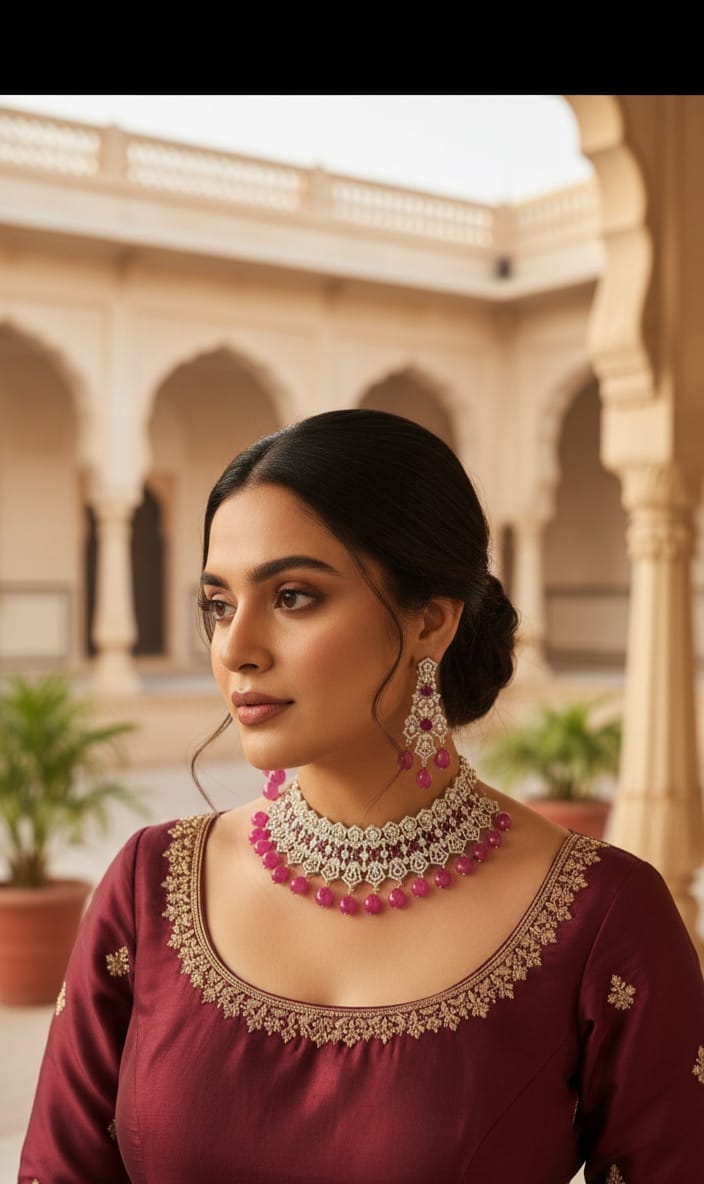 Exquisite Silver & Magenta Stone Necklace Set