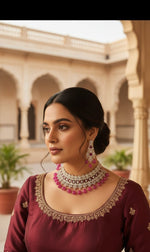 Exquisite Silver & Magenta Stone Necklace Set