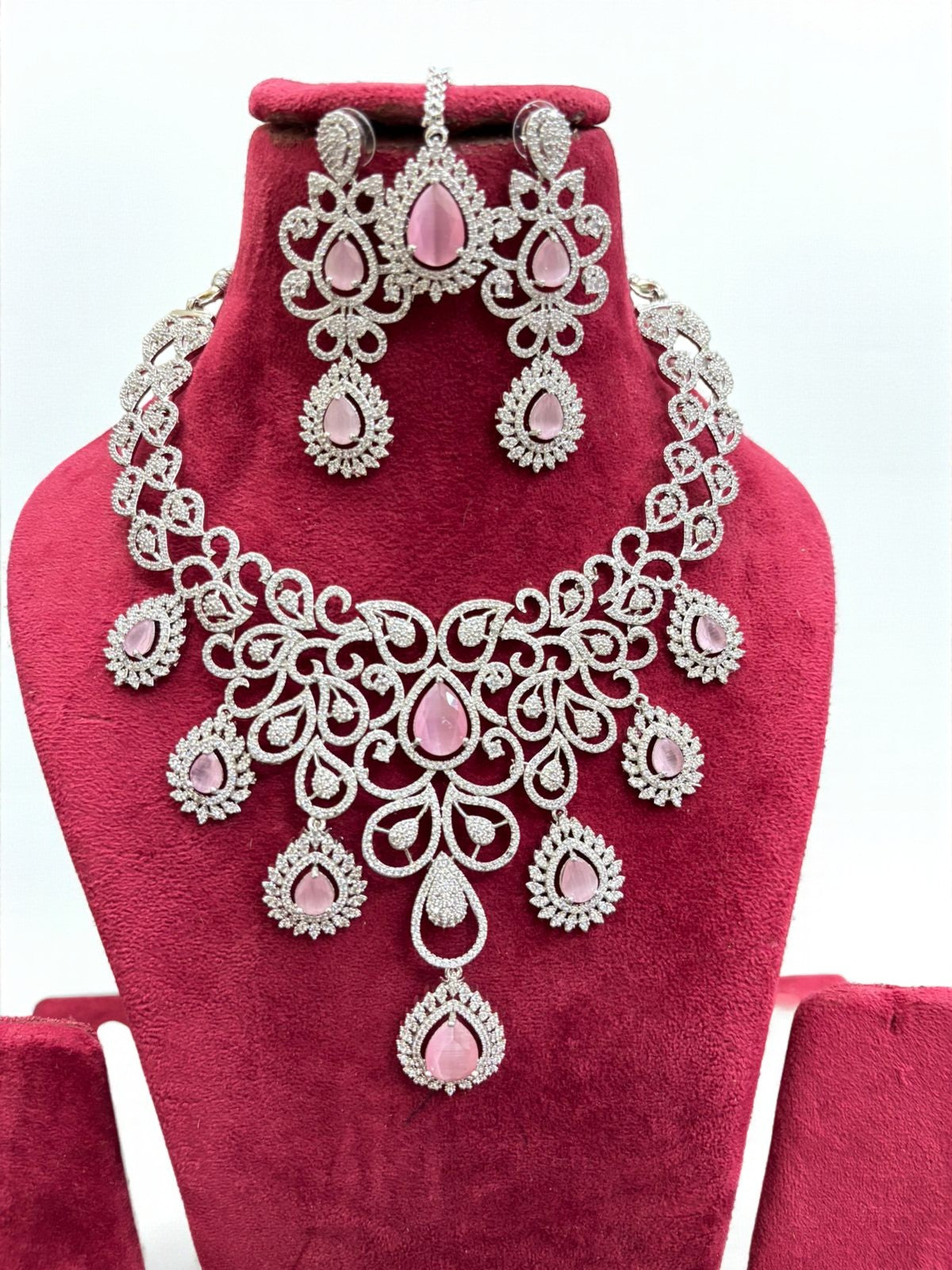 Royal Pink Elegance AD Necklace Set with Earrings & Maangtika – Premium Bridal Jewelry