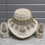 Luxury Mint Green Kundan Choker Pearl Detailing Necklace Set with Beads & Earrings