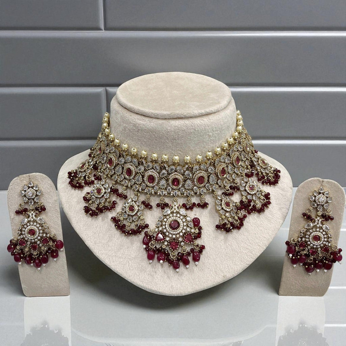 Luxury Mint Green Kundan Choker Pearl Detailing Necklace Set with Beads & Earrings