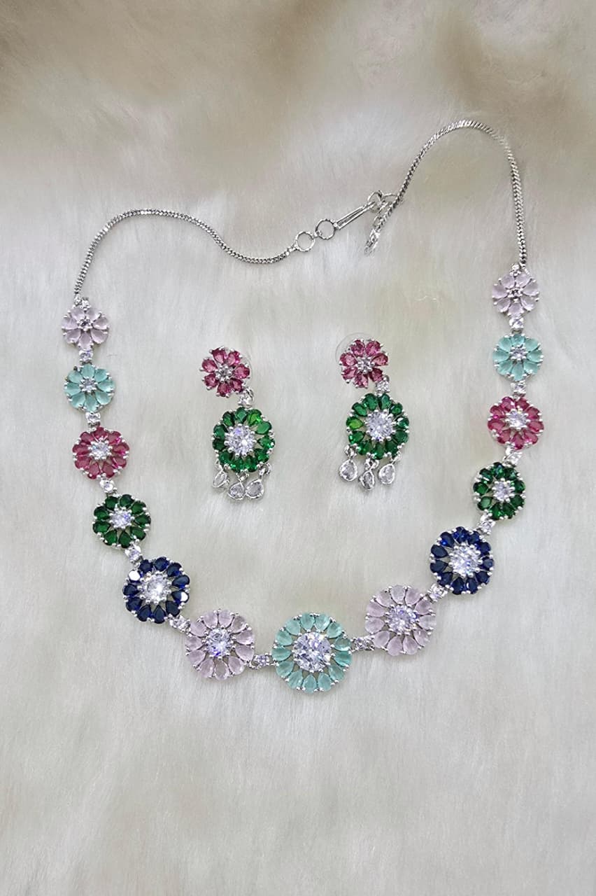 Multicolor Floral Stone Necklace & Earring Set